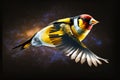 portrait of goldfinch flying in space