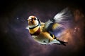 portrait of goldfinch flying in space