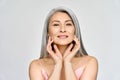 Senior happy middle aged mature asian woman headshot portrait. Skin care advertising. Royalty Free Stock Photo
