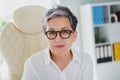 Portrait of gorgeous closeup picture of nice pretty mature woman gray hair stylish glasses indoors isolated on office Royalty Free Stock Photo