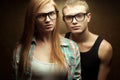 Portrait of gorgeous red-haired fashion twins in casual shirts Royalty Free Stock Photo