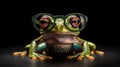 portrait of a gorgeous stylish trendy modern frog animal in stylish glasses. Black backgorund. Creative portrait in iridescent