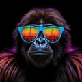 portrait of a gorgeous stylish trendy modern gorilla animal in stylish glasses. Black backgorund. Creative portrait in iridescent