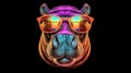 portrait of a gorgeous stylish trendy modern hippopotamus animal in stylish glasses. Black backgorund. Creative portrait in