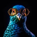 portrait of a gorgeous stylish trendy modern pigeon bird, animal in stylish glasses. Black backgorund. Creative portrait in