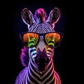 portrait of a gorgeous stylish trendy modern zebra animal in stylish glasses. Black backgorund. Creative portrait in iridescent