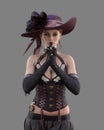 Portrait of gorgeous young woman in Steampunk style outfit. 3D illustration isolated on grey background