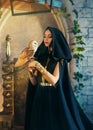 Portrait gothic fantasy halloween woman dark queen witch in black dress, cape hood on head. Girl elf princess sorceress Royalty Free Stock Photo