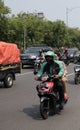 Jakarta, Indonesia - July 23, 2020: Portrait of Gojek`s rider is on duty.