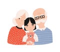 Portrait of grandfather, grandmother and granddaughter. Grandma and grandpa embracing their grandchild. Adorable cartoon Royalty Free Stock Photo