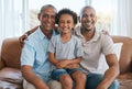 Portrait, grandfather and kid smile with dad in home living room on sofa, bonding or having fun. Family, happiness and Royalty Free Stock Photo