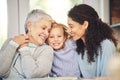 Portrait, grandmother and girl smile with mother in home, bonding and having fun together. Happiness, family and child