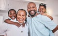 Portrait, grandmother and grandfather with black kids, smile and family bonding together in home. African grandma