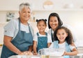 Portrait of grandmother, mom or kids baking in kitchen as a happy family with siblings learning cooking skills. Cake Royalty Free Stock Photo