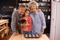 Portrait, grandparents and girl in a kitchen, baking and ingredients for hobby and bonding together. Face, old man or Royalty Free Stock Photo