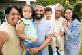 Portrait, grandparents and parents with child outdoor, happiness and bonding at holiday home. Love, care and smile, men