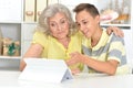 Portrait of grandson and grandmother using tablert