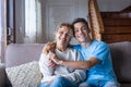 Portrait of grateful teenager man hug smiling middle-aged mother show love and care, thankful happy grown-up son in embrace Royalty Free Stock Photo