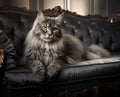 portrait of a gray cat lying on a leather sofa Royalty Free Stock Photo
