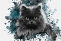 Portrait of a gray fluffy cat against a green-gray splatter of p