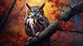 Portrait of a Great Horned Owl sitting in a tree. Generative AI Royalty Free Stock Photo