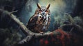 Portrait of a Great Horned Owl sitting in a tree. Generative AI Royalty Free Stock Photo