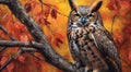 Portrait of a Great Horned Owl sitting in a tree. Generative AI Royalty Free Stock Photo