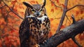 Portrait of a Great Horned Owl sitting in a tree. Generative AI Royalty Free Stock Photo