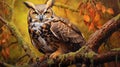 Portrait of a Great Horned Owl sitting in a tree. Generative AI Royalty Free Stock Photo