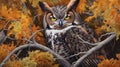 Portrait of a Great Horned Owl sitting in a tree. Generative AI Royalty Free Stock Photo