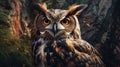 Portrait of a Great Horned Owl sitting in a tree. Generative AI Royalty Free Stock Photo