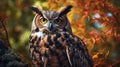 Portrait of a Great Horned Owl sitting in a tree. Generative AI Royalty Free Stock Photo