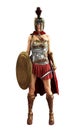 Portrait of a Greek Spartan female warrior equipped for battle with a sword and shield on a white isolated background.