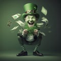 Portrait of a Green Leprechaun with a lot of money, AI Generated