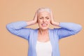 Portrait of grey haired old nice beautiful annoyed woman with palms on head. Isolated over violet purple background