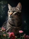 Portrait of a grey tabby cat with green eyes surrounded pink flowers Royalty Free Stock Photo