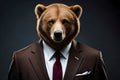 A Portrait Of A Grizzly Bear Dressed In A Suit Like Trader Dark Color Background, Finance Stock Bear Market Concept. Generative AI