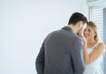 Portrait of groom with bride romantic couple is kissing and hugging together on white background,Happy and smiling in engagement d