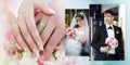 Portrait of the groom and the bride with a wedding bouquet and hands with rings close up