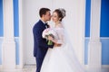 Portrait of the groom firmly holds his bride by the waist and kisses her tenderly, the girl smiles and admires the Royalty Free Stock Photo