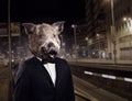 Portrait of groom in suit with wild boar head