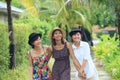 Portrait group of asian young woman friend walking in park with