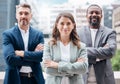 Now I lead the pack. Portrait of a group of businesspeople enjoying a break outside at the office.