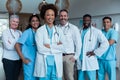 Portrait of group of diverse male and female doctors standing in hospital corridor smiling to camera Royalty Free Stock Photo