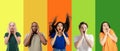 Portrait of group of emotional people on multicolored background