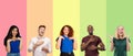 Portrait of group of emotional people on multicolored background