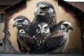 Portrait of a group of golden eagle in front of a building