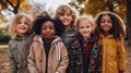 Portrait of group of smiling children standing together in park during autumn day Generative AI Royalty Free Stock Photo