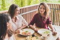 group of three best friend having conversation while lunch toget Royalty Free Stock Photo