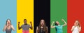 Portrait of group of young people isolated on multicolored studio background, flyer, collage Royalty Free Stock Photo